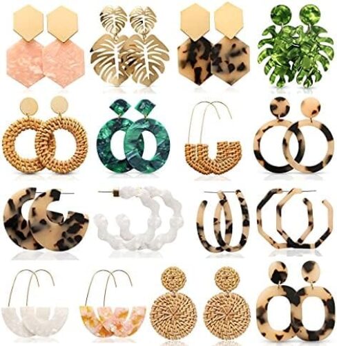 LANTAI 16 Pairs Trendy Acrylic Earrings Rattan Earrings for Women Girls-Summer Beach Straw Earrings Resin Dangle Drop Fashion Earrings Geometric Statement Earrings Vacation Jewelry