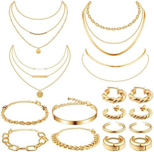 Tiamon 12 Pcs 90s Silver Gold Jewelry Set for Women Men 4 Earring Sets 4 Necklace 4 Bracelets for Girl Punk