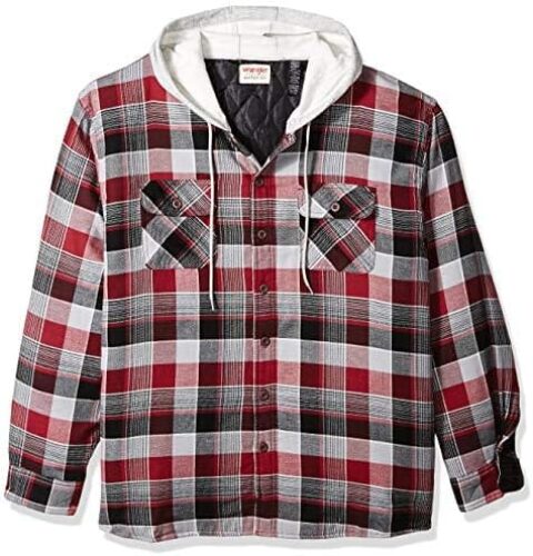 Wrangler Authentics Men’s Long Sleeve Quilted Lined Flannel Shirt Jacket with Hood