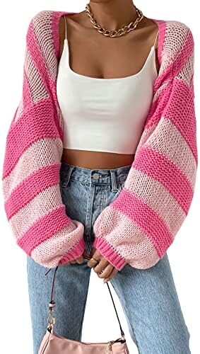 GORGLITTER Women’s Color Block Striped Open Front Crop Cardigan Top Long Sleeve Shrug Sweater Outerwear