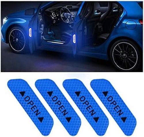 4PCS Reflective Open Warning Stickers for Car Door, Night Visibility Auto Safety Prompt Decals, 3.6 Inch Anti-Collision Protective Strip Tape, Car Accessories Universal for Truck, SUV, Van (Blue)