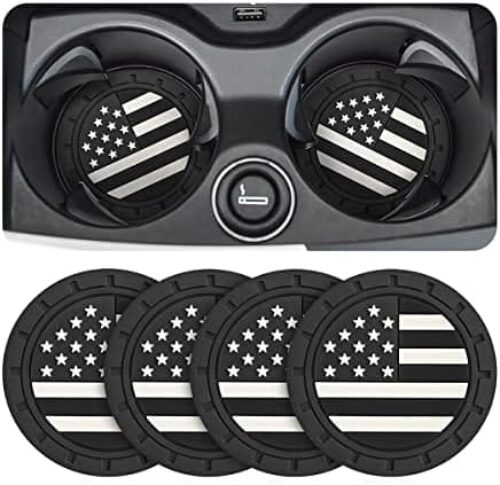 AUCELI 4 Pack Car Cup Holder Coasters, Black American Flag US Flag Insert Car Cup Coaster, 2.75 Inch Anti Slip Shockproof Embedded Drink Mat, Universal Vehicle Interior Decor Accessories