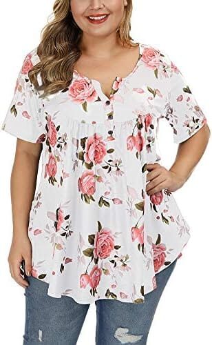 ALLEGRACE Women’s Plus Size Tunic Tops Summer Short Sleeve V Neck Blouses Ruffle Flowy Button Up T Shirts
