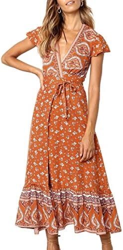 ZESICA Women’s 2023 Bohemian Floral Printed Wrap V Neck Short Sleeve Split Beach Party Maxi Dress