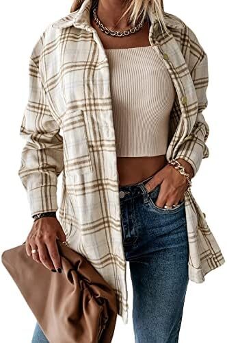 PRETTYGARDEN Women’s 2023 Fall Clothes Plaid Shacket Jacket Long Sleeve Button Down Flannel Shirts Fashion Blouse