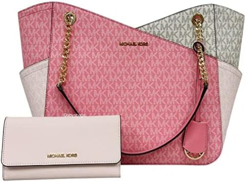 Michael Kors Jet Set Travel Large Chain Shoulder Tote Tea Rose Pink MK Signature Bundled Jet Set Travel Large Trifold Wallet Powder Blush Pink Saffiano