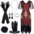 FEPITO 1920s V Neck Sequin Beaded Fringed Dress with 20s Accessories Set