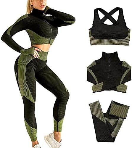 SINBRLAI Women’s 3pcs Seamless Workout Outfits Sets, Yoga Sportswear Tracksuit Leggings and Stretch Sports Bra Fitness