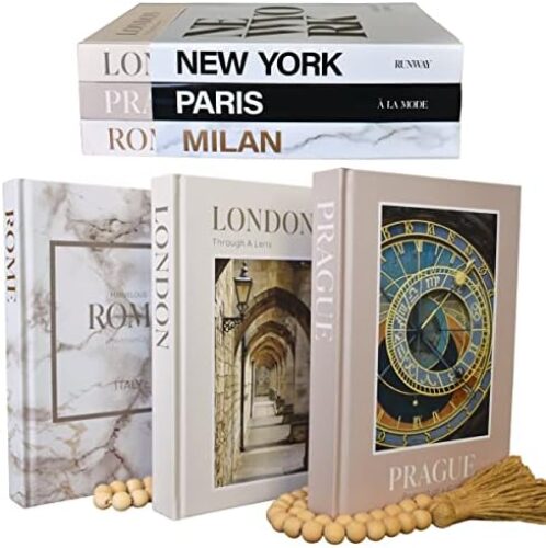 Decorative Books with Blank Pages, Removable Dust Covers, Wooden Bead Garland and Twine – 7 pieces (Cream) – Neutral and Modern Decorative Book Stack for Home Decor – Fashion Designer Display Books, Faux Books – for Decoration, Boho Decor, Living Room, Coffee Table Decor, Shelf Decor, Mantel, Entryway Table