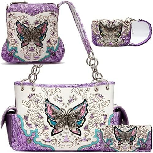 Butterfly Floral Western Purse Country Handbag Women Shoulder Bag Crossbody Wallet Card Holder 4 PCS Set