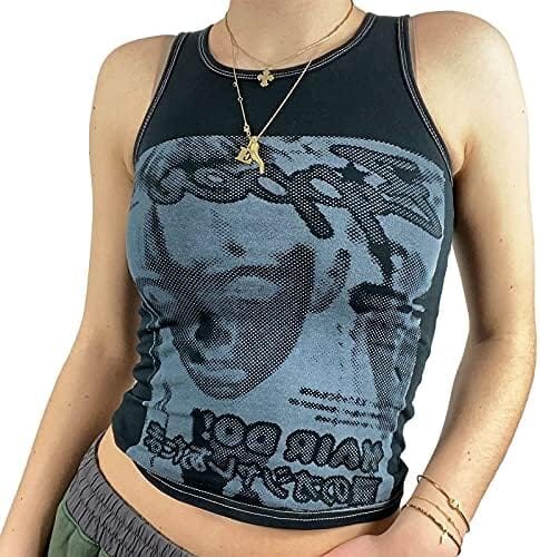 Women Face Portrait Print Y2K Tank Top Aesthetic Graphic Print E-Girl Camis Sleeveless Slim Vest Crop Top Streetwear