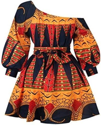 Haoohu Womens Boho African Style Floral Print Pleated Mini Swing Short Dress Top for Casual Club Party