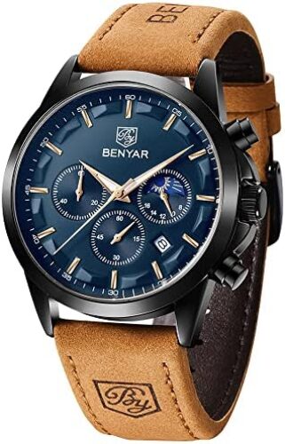 BY BENYAR Men’s Watches Waterproof Sport Military Watch for Men Multifunction Chronograph Black Fashion Quartz Wristwatches Calendar with Leather Strap