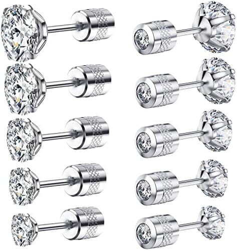 Cubic Zirconia Hypoallergenic Stud Earrings for Women Men Girls Statement Cartilage Fashion Surgical Steel Helix Earrings 5 Pairs