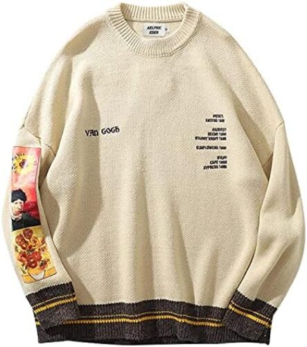 Aelfric Eden Mens Long Sleeve Van Gogh Printed Cable Knit Sweaters Casual Oversized Sweater Pullover