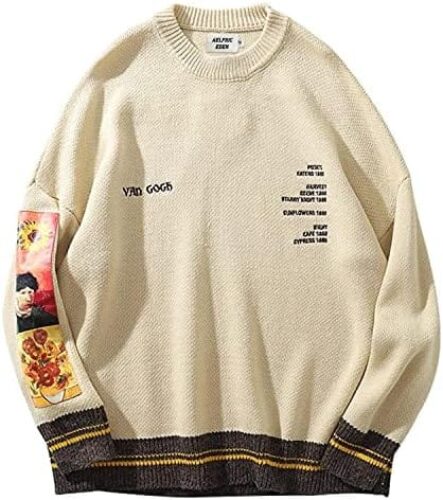 Aelfric Eden Mens Long Sleeve Van Gogh Printed Cable Knit Sweaters Casual Oversized Sweater Pullover