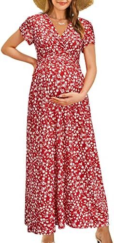OUGES Maternity Maxi Dress Wrap V Neck Baby Shower Pregnancy Dresses for Photoshoot