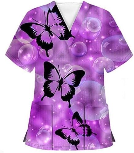 Scrub_Tops for Womens T Shirt Butterflies Valentine’s Day Printed V-Neck Working Uniform Workwear Pockets Top