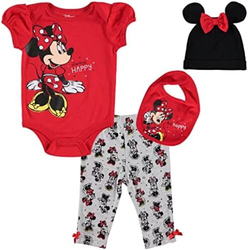 Disney Minnie Mouse Baby Girls Bodysuit Pants Bib and Hat 4 Piece Outfit Set Newborn to Infant