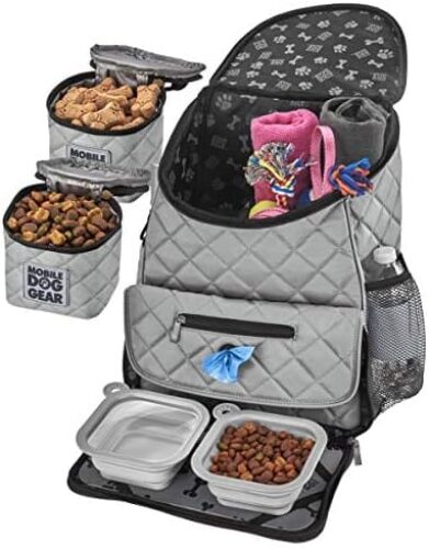 Mobile Dog Gear, Dog Travel Bag, Deluxe Quilted Weekender Backpack, Includes Lined Food Carriers and 2 Collapsible Dog Bowl, Gray