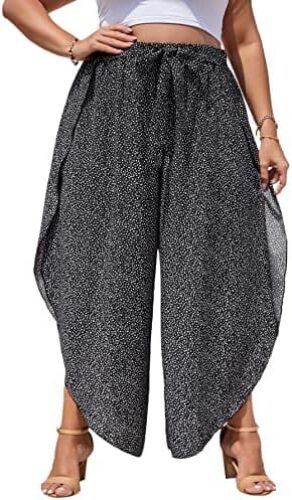 MakeMeChic Women’s Plus Size Floral High Waist Tie Front Split Flowy Wide Leg Pants