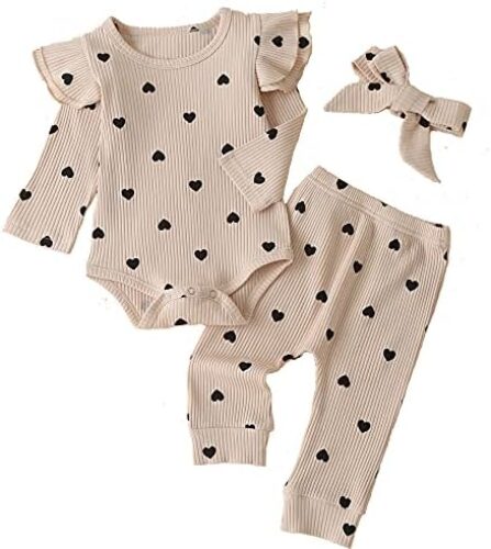 Fullfamous Baby Girl’s 3pc Rib Frill Long Sleeve Romper and Pant Set
