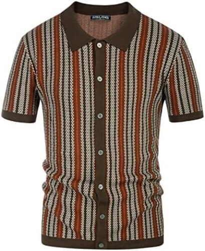 PJ PAUL JONES Men’s Polo Shirts Retro Knit Shirt 70s Vintage Striped Shirt Short Sleeve Button Down Clothing