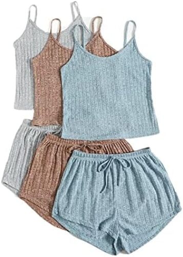 SheIn Women’s 3 Sets Rib Knit Lounge Set Crop Cami Top and Tie Front Shorts Sleepwear Pajama Set