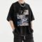 Rapidstreet Mens Washed T-Shirt Harajuku Streetwear Japanese Cartoon Girl Kanji Tee Shirt Graphic