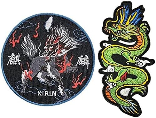 A-ONE 2 PCS Pack- Dragon Embroidered Patch+Kirin Round Badge, Mythology Beasts, Auspicious Icon, Asia Traditional Amulet, Cultural Decorative Badges for Clothes Jeans Jackets and Bags NO.322+151