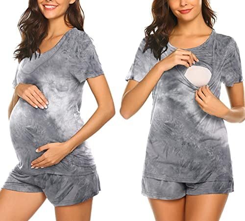 Ekouaer Maternity Pajamas Set Labor/Delivery/Nursing for Hospital Home, Basic Nursing Shirt, Adjustable Size Pregnancy Shorts