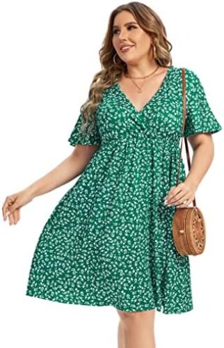 AMZ PLUS Plus Size Casual Dress Women’s V Neck A-Line Knee Length Wrap Dress Swing Dresses Plus Size A Line Party Mini Dress