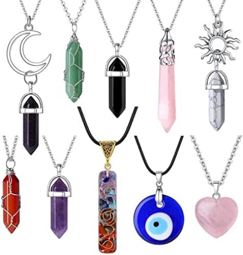 MAIBAOTA 10 Pcs Crystal Necklace Healing Amethyst Crystals Carnelian Chakra Necklaces Evil Eye Necklace Vintage Hippie Wiccan Boho Rose Quartz Moon Sun Jewelry Heart Gemstone Pendant for Women