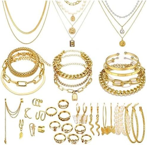 46 Pcs Gold Jewelry Set with 11Pcs Necklace, 11 Pcs anklet and 18 Pcs Earring Ear Cuff ,6Hoop Earrings for Women Girls, Fashion Indie Costume Jewerly Pack for Anniversary Birthday Friendship MerryChristmas Party Gift