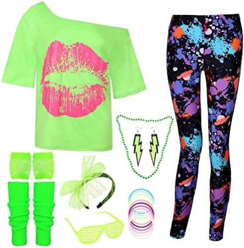 DANGCOS 80s Outfit Costumes Accessories for Women Off The Shoulder Tops Shirts Neon Leggings with Leg Warmers