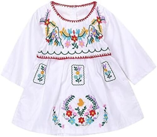 Kashoer Newborn Toddler Baby Girls Ethnic Embroidery Floral Dress Long Sleeve Party Sundress Skirt