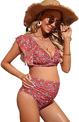MakeMeChic Women’s Maternity Two Piece Swimsuit Floral Ruffle Sleeve High Waisted Bikini Set