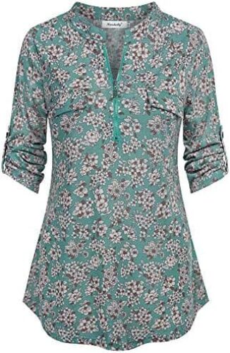 Ninedaily Women’s 3/4 Sleeve Plaid Shirts Zip Floral Casual Tunic Blouse Tops