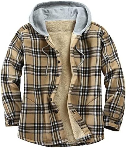Derbars Men’s Cotton Plaid Shirts Jacket Fleece Lined Flannel Shirts Sherpa Button Down Jackets with Hood for Men