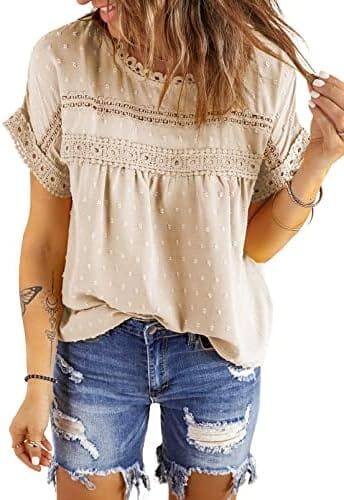 Dokotoo Womens Summer Tops Crewneck Lace Crochet Short Sleeve Shirts Casual Chiffon Blouses