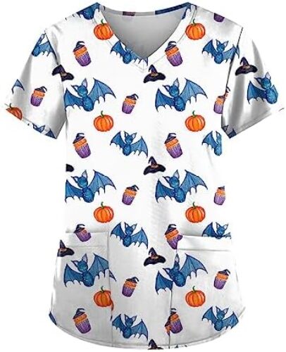 Women’s Halloween Working Uniform Tops with 2 Pockets V-Neck Printed Tunic Uniform Loose Healthcare Shirts