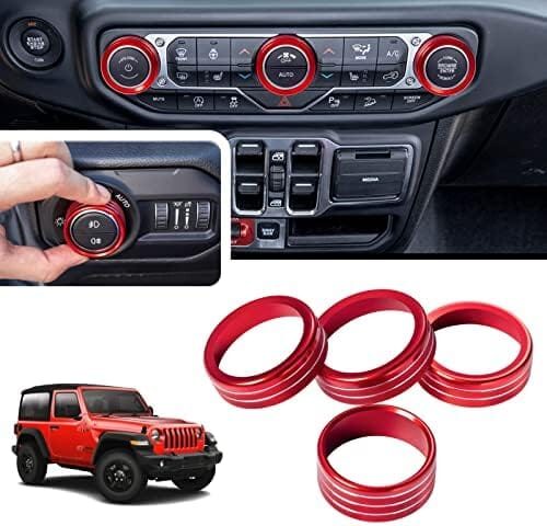 JKCOVER Knobs Ring Covers Compatible with 2018-2023 Jeep Wrangler JL JLU & 2020-2023 Jeep Gladiator JT, Aluminum Alloy Trim Cover for Air Conditioner Volume Radio Headlight Switch Knob(4PCS, RED)