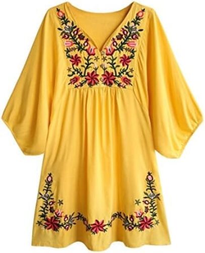 Kafeimali Summer Dress V Neck Mexican Embroidered Peasant Women’s Dressy Tops Blouses