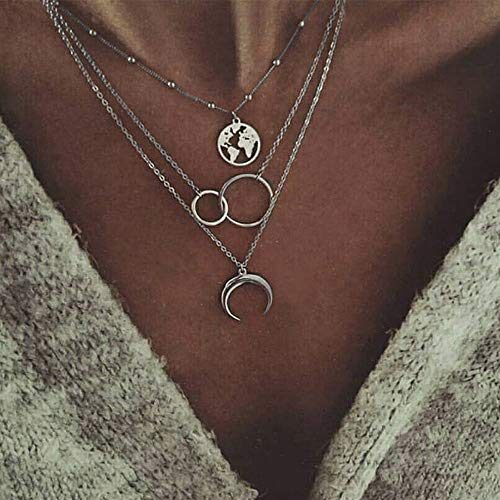 fxmimior 2 Tier Boho Dainty Layered Necklace Moon Necklaces Map Pendant Silver Gold Jewelry Stackable Choker Necklaces for Women and Girls (Gold)