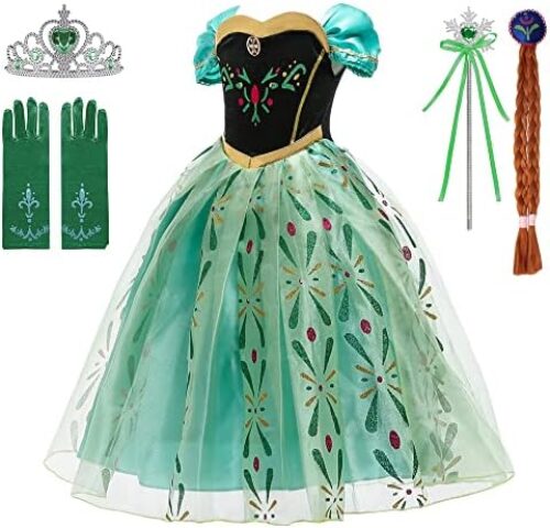 Snow Queen Anna Princess Costume Birthday Party Dress Up for Little Girls with Wig,Crown,Wand,Gloves 3-10 Years