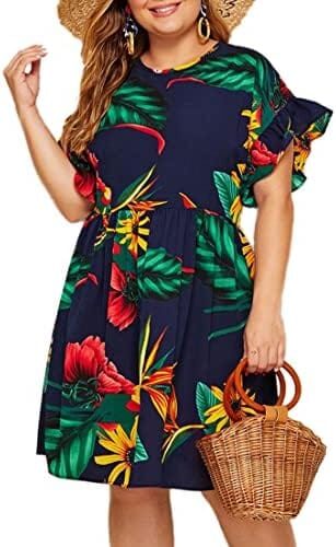 Milumia Women’s Plus Size Tropical Leaf Print Ruffle Sleeve Pleated Short Dress
