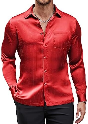 COOFANDY Men’s Luxury Satin Dress Shirt Shiny Silk Long Sleeve Button Up Shirts Wedding Shirt Party Prom
