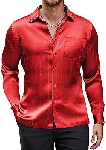COOFANDY Men’s Luxury Satin Dress Shirt Shiny Silk Long Sleeve Button Up Shirts Wedding Shirt Party Prom