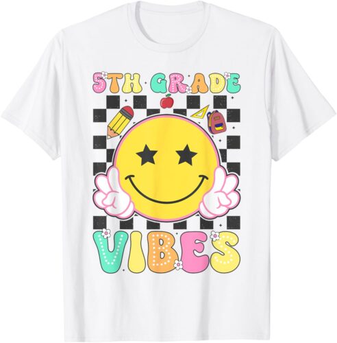 5th Grade Vibes Girls Smile Face Back to School Fifth Grade T-Shirt