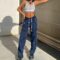 UAURORAO Women Streetwear Sweatpants Elastic Waist Loose Wide Leg Joggers Y2k Star Print Baggy Cargo Pants Punk Harajuku 90s
